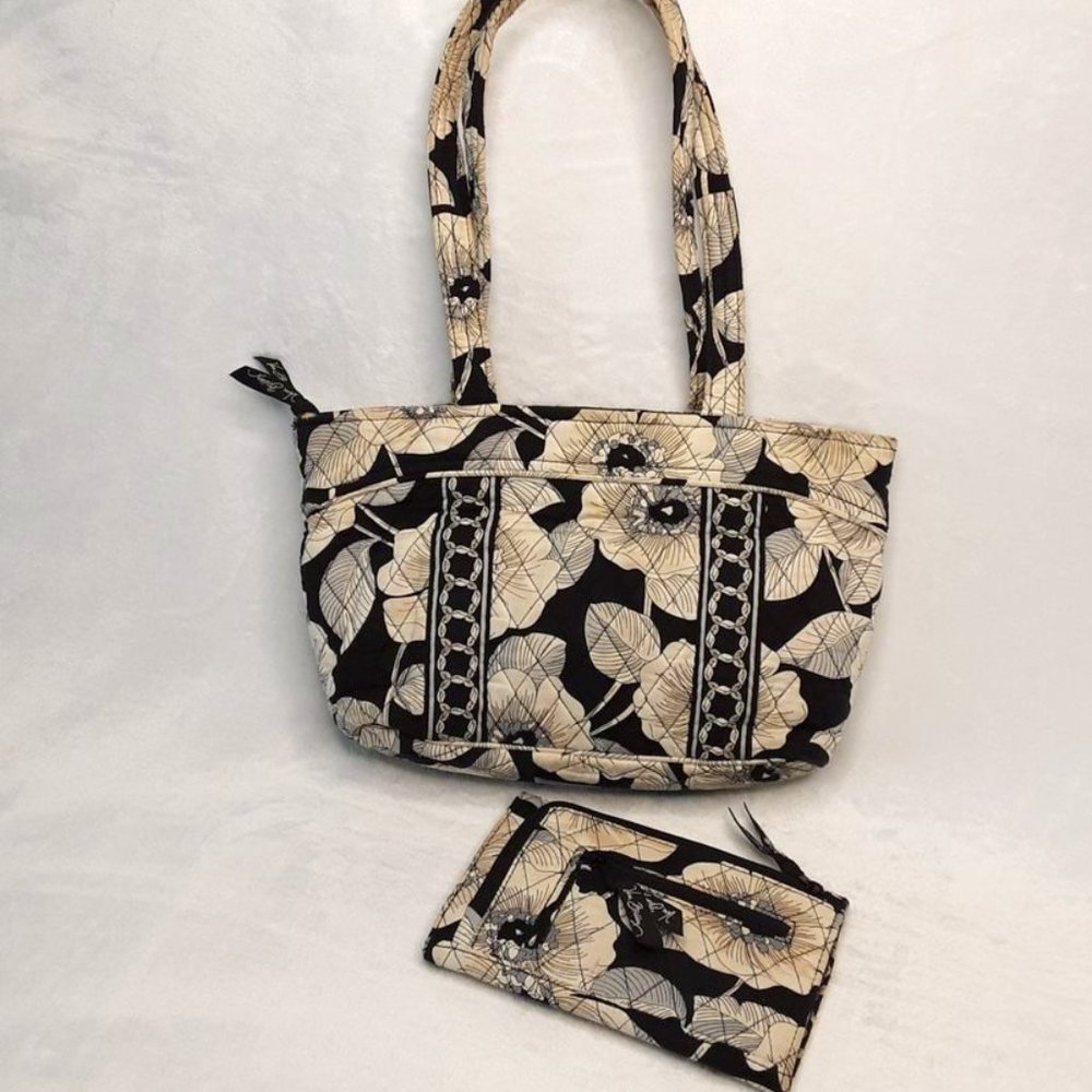VERA BRADLEY Camellia Black, White & Tan Flowers Small Tote & Wallet - Retired